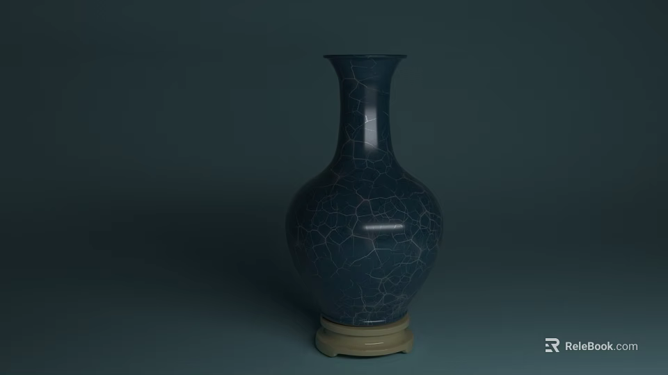 Blue Ceramic Vase With Crackled Texture And Light Base On Dark Background 3d model
