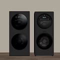 Two Black Modern Washing Machines With Double Drum And Digital Control Panel