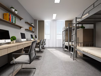 Modern Dormitory Room Interior With Desks Computers Bunk Beds And Bookshelves 3d model