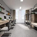 Modern Dormitory Room Interior With Desks Computers Bunk Beds And Bookshelves 3d model