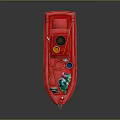 Red Water Transport Boat With Bucket Hose and Flag on Upper Deck