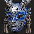 Intricate Silver Mask With Blue Enamel Patterns And Tassel Decorations