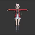 Pink Haired Girl In Red Coat With Plaid Skirt Gray Socks Blue Shoes Arms Outstretched