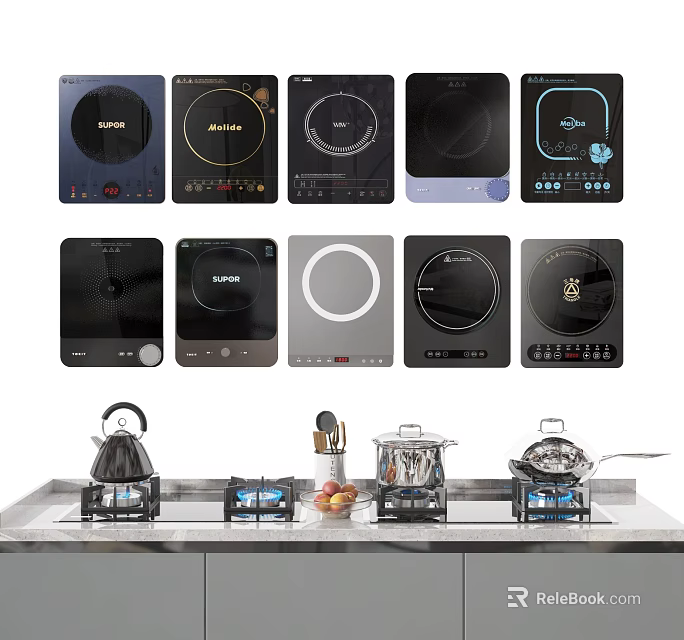 Various Styles Induction Cooktops And Kitchen Appliances With Stove Kettle Pans 3d model 