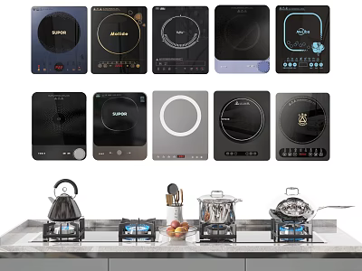 Various Styles Induction Cooktops And Kitchen Appliances With Stove Kettle Pans 3d model