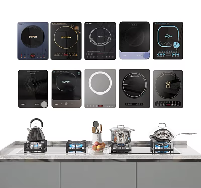 Various Styles Induction Cooktops And Kitchen Appliances With Stove Kettle Pans 3d model