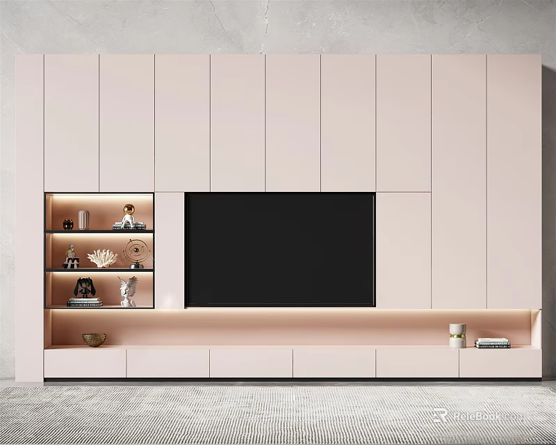 Modern TV Wall Design With Light Cabinetry Central TV Display Shelves And Built-in Lighting 3d model 