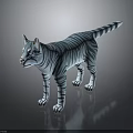 Blue And White Striped Cat Figure Standing On Dark Reflective Surface