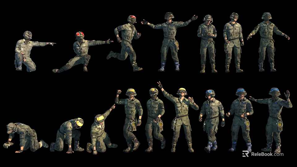 Multiple Military Characters In Various Action Poses With Uniforms And Gear 3d model 