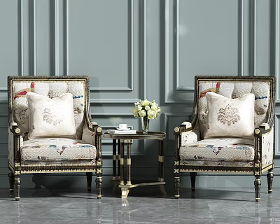 Casual Armchair Set With Patterned Cushions Small Round Table And Golden Legs Against Gray Wall 3d model