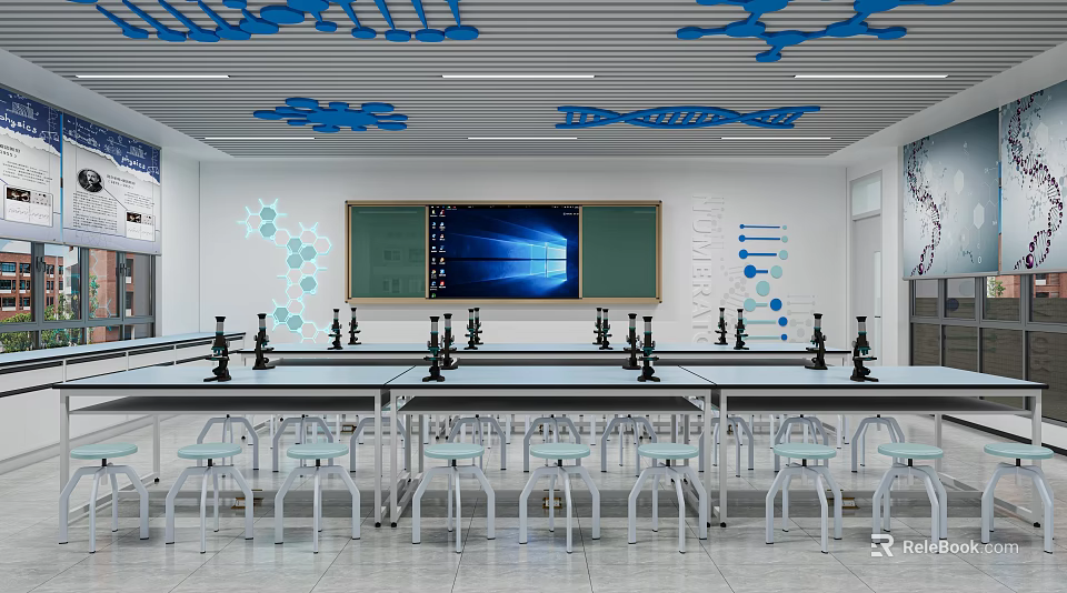 Modern Science Laboratory With Lab Tables Microscopes DNA Structures And Blackboard 3d model 