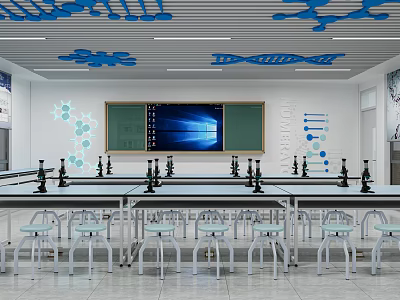 Modern Science Laboratory With Lab Tables Microscopes DNA Structures And Blackboard 3d model