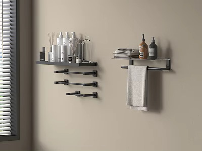 Wall Mounted Black Bathroom Accessories with Shelves Towel Bar and Toiletries 3d model