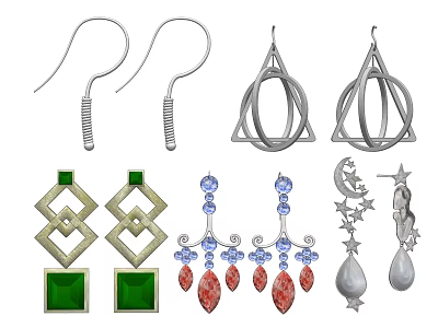 Stylish Jewelry Earrings With Geometric Shapes Colorful Gemstones Moon Star Pendants And Silver Metal 3d model