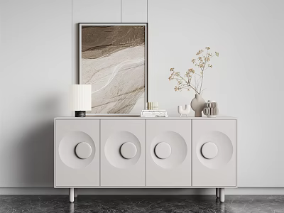 White Console Cabinet With Circular Door Design Table Lamp Vase Books And Artwork 3d model