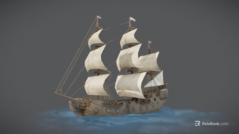 Medieval Naval Weaponry Mounted On Wooden Sailing Ship With White Sails Floating On Water 3d model 