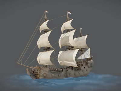 Medieval Naval Weaponry Mounted On Wooden Sailing Ship With White Sails Floating On Water 3d model