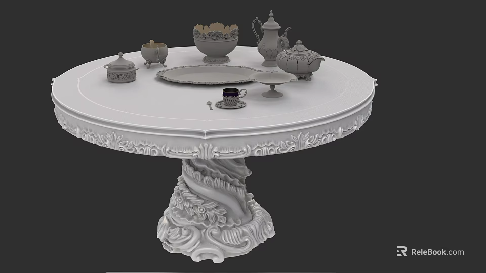 Elegant Dinnerware Set With Teapot Bowl Plate And Cup On Round Carved Table 3d model 