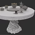 Elegant Dinnerware Set With Teapot Bowl Plate And Cup On Round Carved Table