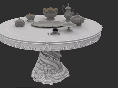 Elegant Dinnerware Set With Teapot Bowl Plate And Cup On Round Carved Table 3d model