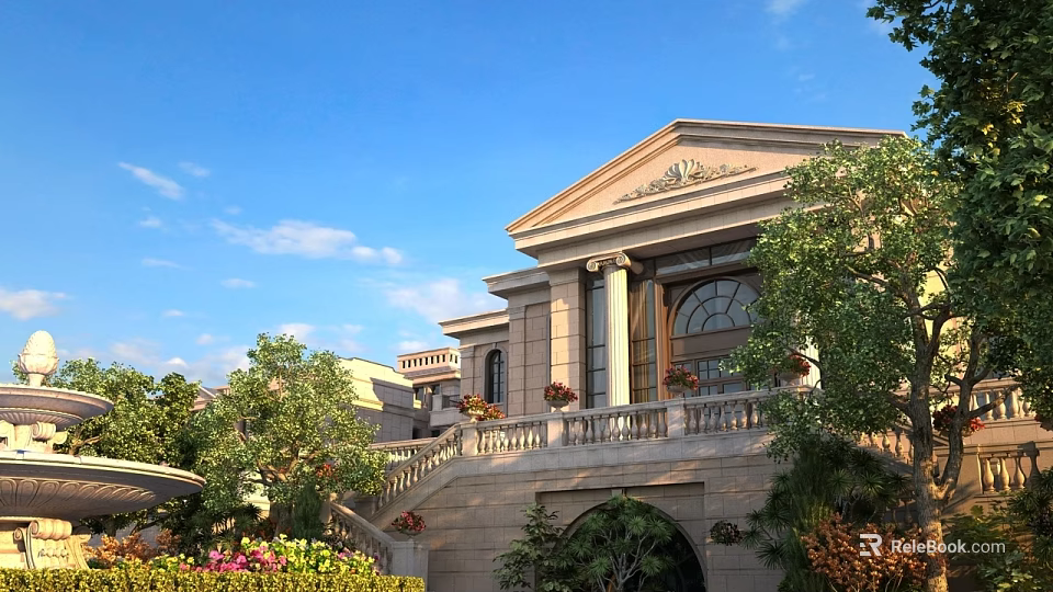 Classic Detached Villa Exterior Featuring Columns Balcony Stairs Lush Greenery And Flowers 3d model 