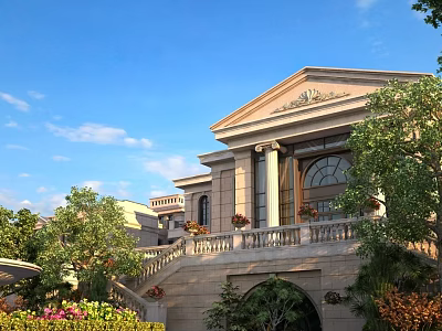 Classic Detached Villa Exterior Featuring Columns Balcony Stairs Lush Greenery And Flowers 3d model