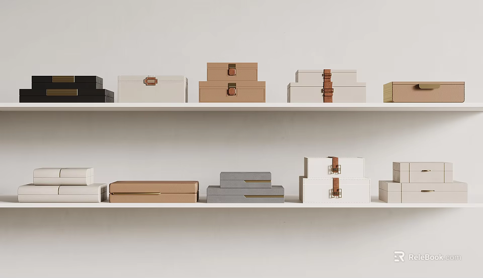 Storage Baskets in Various Colors and Different Materials Neatly Arranged on White Shelves 3d model 