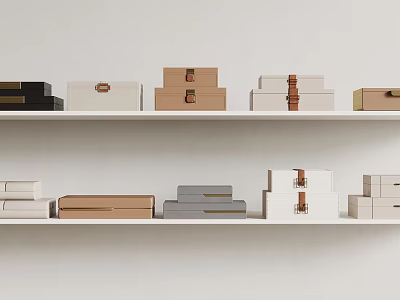 Storage Baskets in Various Colors and Different Materials Neatly Arranged on White Shelves 3d model