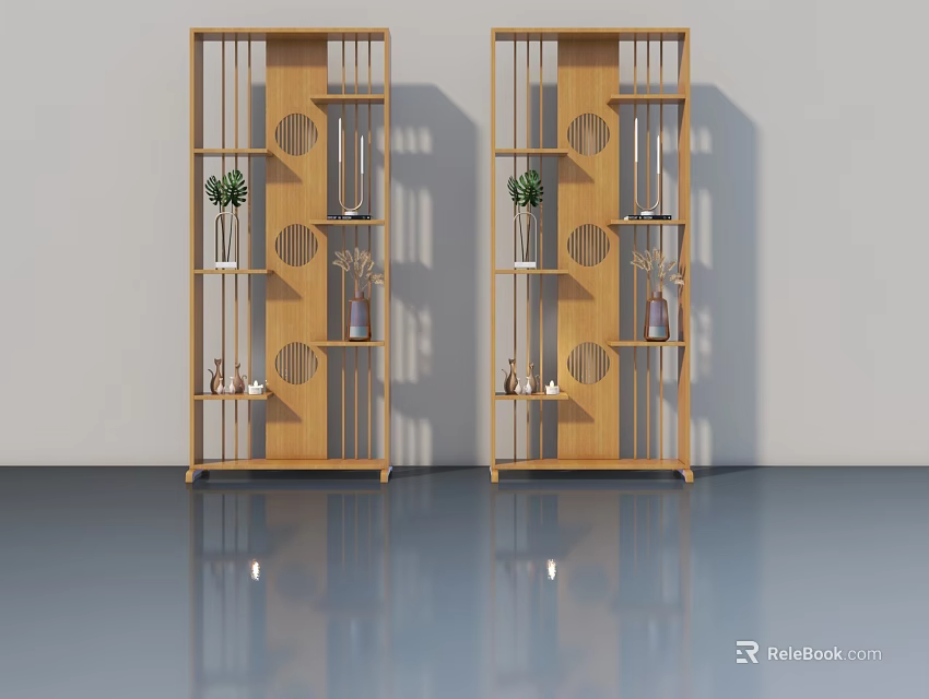 Wooden Hinged Door Bookcase With Openwork Design Green Plants And Decorations 3d model 