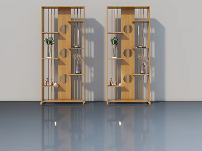 Wooden Hinged Door Bookcase With Openwork Design Green Plants And Decorations 3d model