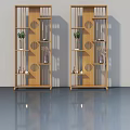 Wooden Hinged Door Bookcase With Openwork Design Green Plants And Decorations