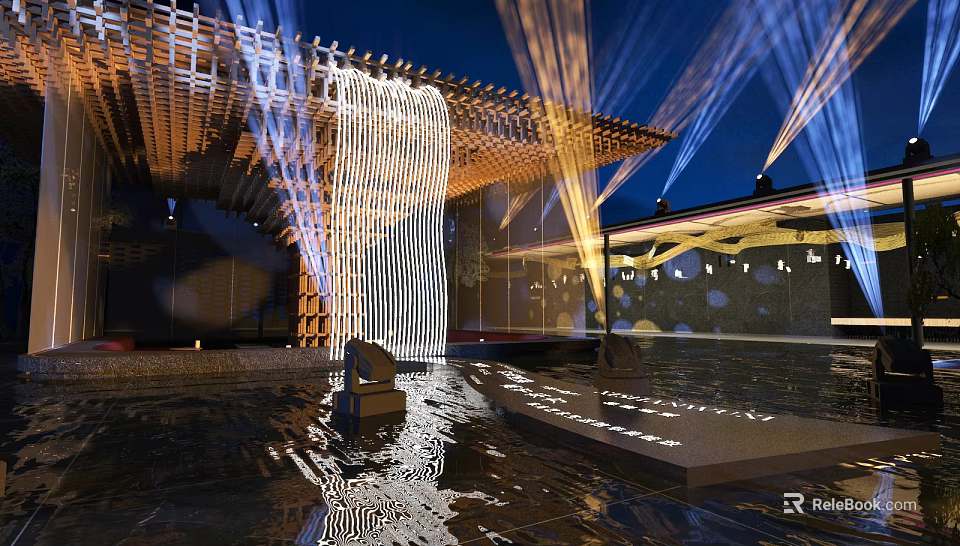 Modern Architectural Night Scene With Light Projections And Water Reflections 3d model 