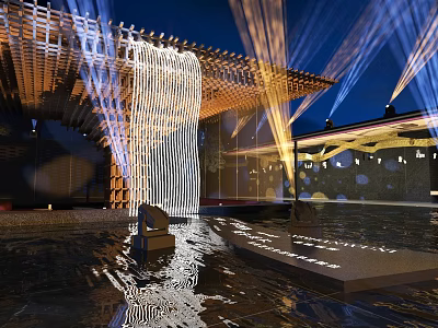 Modern Architectural Night Scene With Light Projections And Water Reflections 3d model