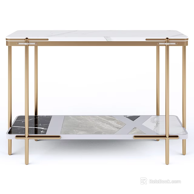 Modern Coffee Table With White Marble Top Golden Metal Frame And Lower Shelf 3d model 