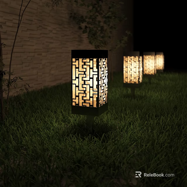 Stylish Outdoor Garden Lights with Lattice Cutout Design Emitting Warm Glow on Grass 3d model 