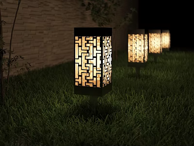 Stylish Outdoor Garden Lights with Lattice Cutout Design Emitting Warm Glow on Grass 3d model