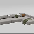 Modern Light Gray Fabric Sectional Sofa With Multiple Colored Cushions And Soft Throw Blanket 3d model