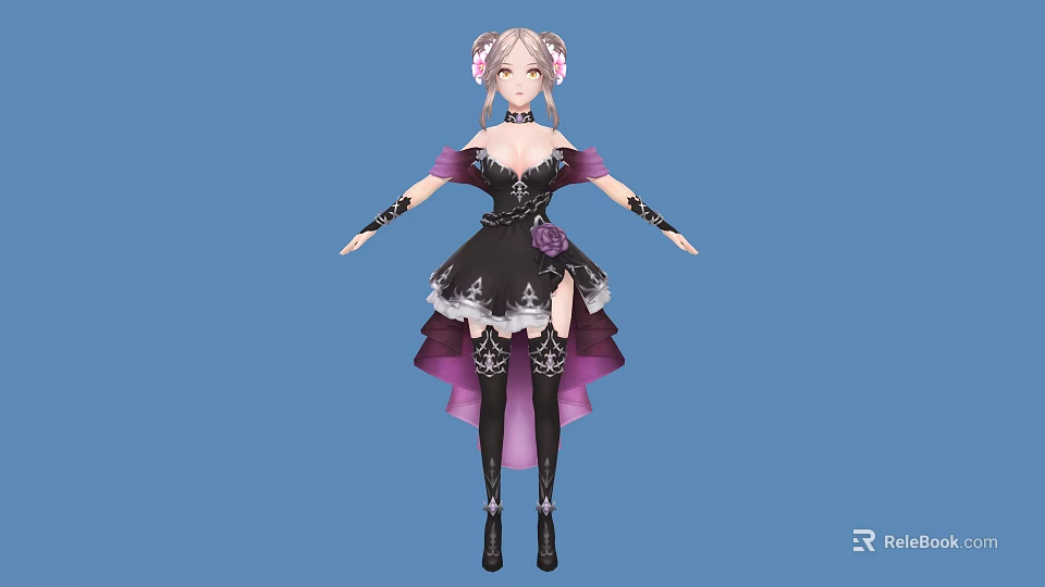 Woman With Pink Pigtails In Black Purple Dress Lace Flower Thigh High Boots Blue Background 3d model 