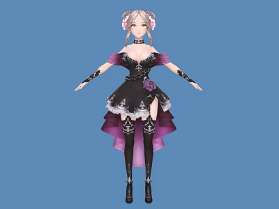 Woman With Pink Pigtails In Black Purple Dress Lace Flower Thigh High Boots Blue Background 3d model