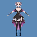 Woman With Pink Pigtails In Black Purple Dress Lace Flower Thigh High Boots Blue Background