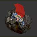 Detailed Character In Blue Armor Holding Hammer And Gun Standing On Rock Base