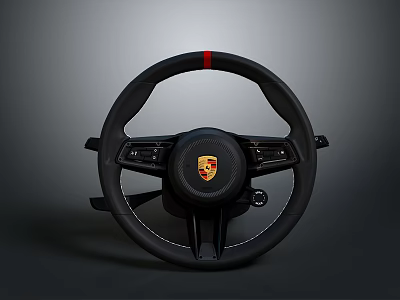 Sleek Black Steering Wheel with Red Stripe and Porsche Logo for Home Decor Use 3d model