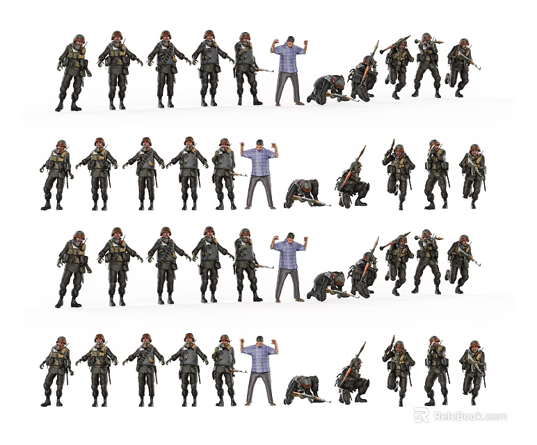 Game Movie Military Characters Featuring Blue Shirt Figure Various Poses Standing Kneeling Holding Weapons 3d model 