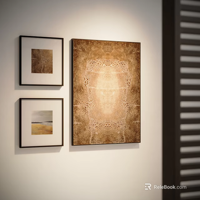 Abstract Paintings On Interior Wall With Large Brown Artwork And Small Framed Pieces 3d model