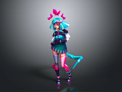 Game Movie Character with Blue Pink Hair Pink Head Accessories Green Black Outfit Long Tail and Boots 3d model