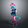 Game Movie Character with Blue Pink Hair Pink Head Accessories Green Black Outfit Long Tail and Boots