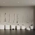Bathroom Fixtures Showroom With White Toilets Sinks Dark Floor Window Room