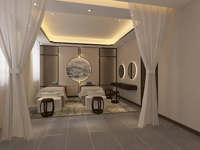 Serene SPA Sauna Room With Massage Beds Round Painting Wooden Screens And White Curtains 3d model