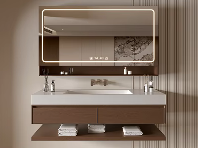Modern Bathroom Vanity Cabinet With Lighted Mirror Sink Countertop And Towels 3d model