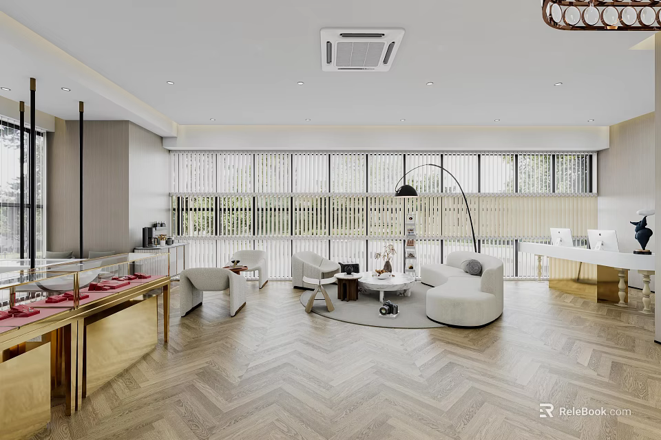 Luxury Jewelry Store Interior With Gold Counters Sofas And Floor Lamp 3d model 